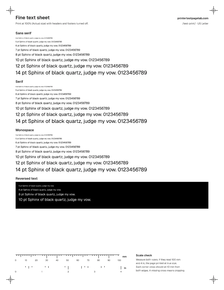 Fine text test sheet with sans serif, serif and monospace text from 4 to 14 points and small white text reversed out of black.