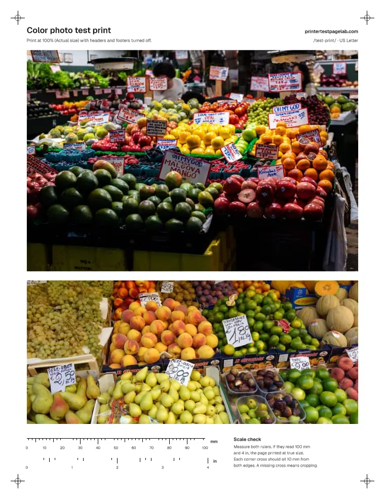 Color photo test print with two public-domain market photos of fruit stalls, full of saturated reds, oranges, yellows and greens.